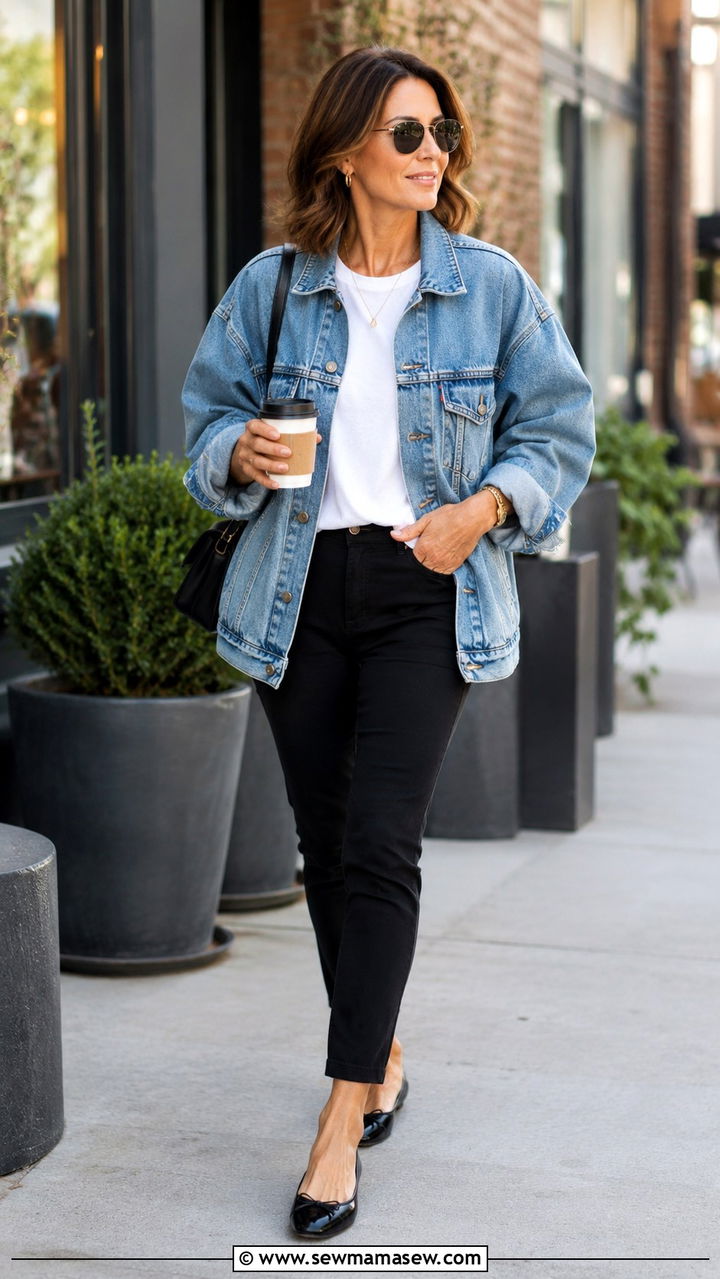 Oversized denim jacket with slim pants outfit - 30 How to style a denim jacket over 40
