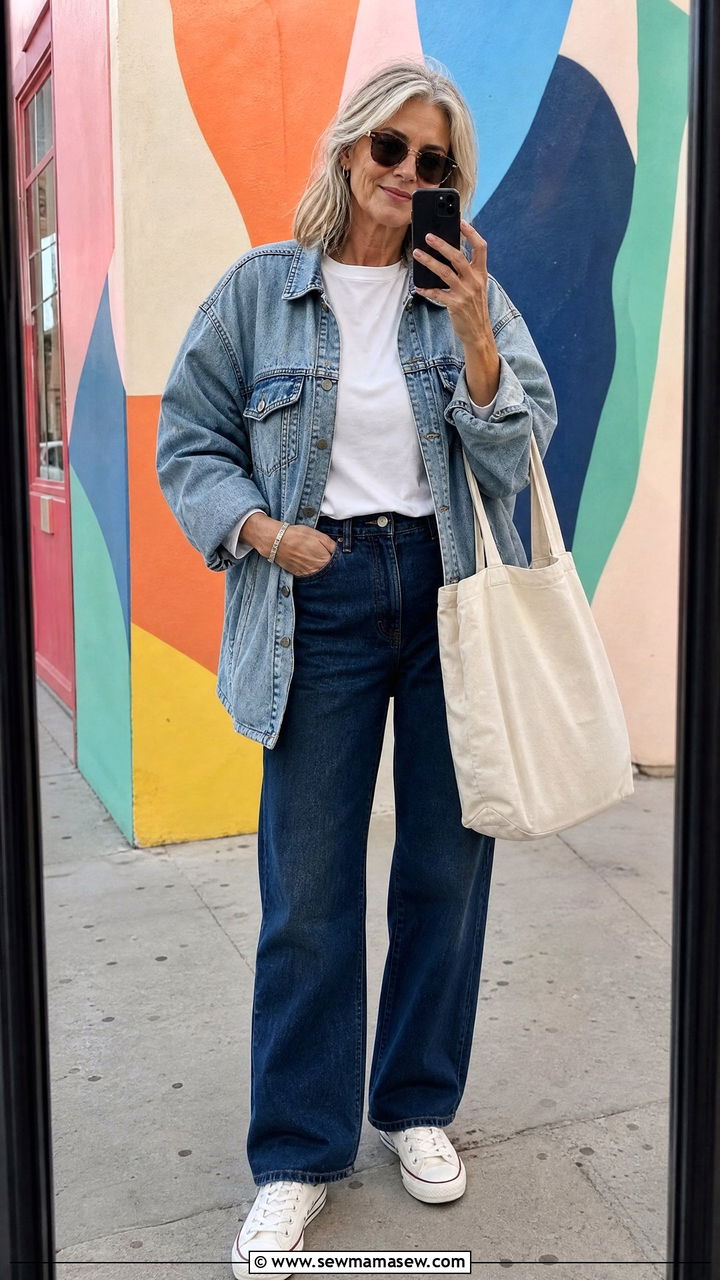 Oversized denim jacket with straight leg jeans - 25 How to style a denim jacket over 50