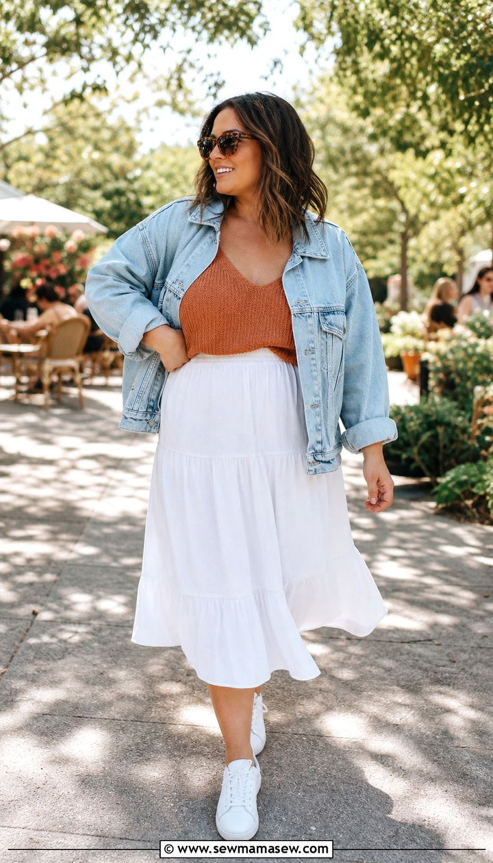 Oversized denim jacket with tiered midi skirt - 35 Brunch outfits for midsize women