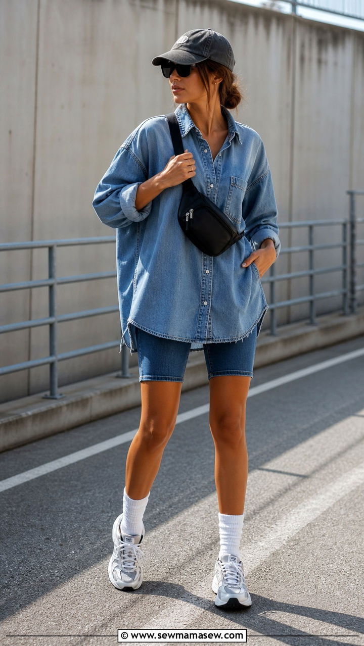 Oversized denim shirt and fitted denim bike shorts - 40 Denim on denim outfit ideas