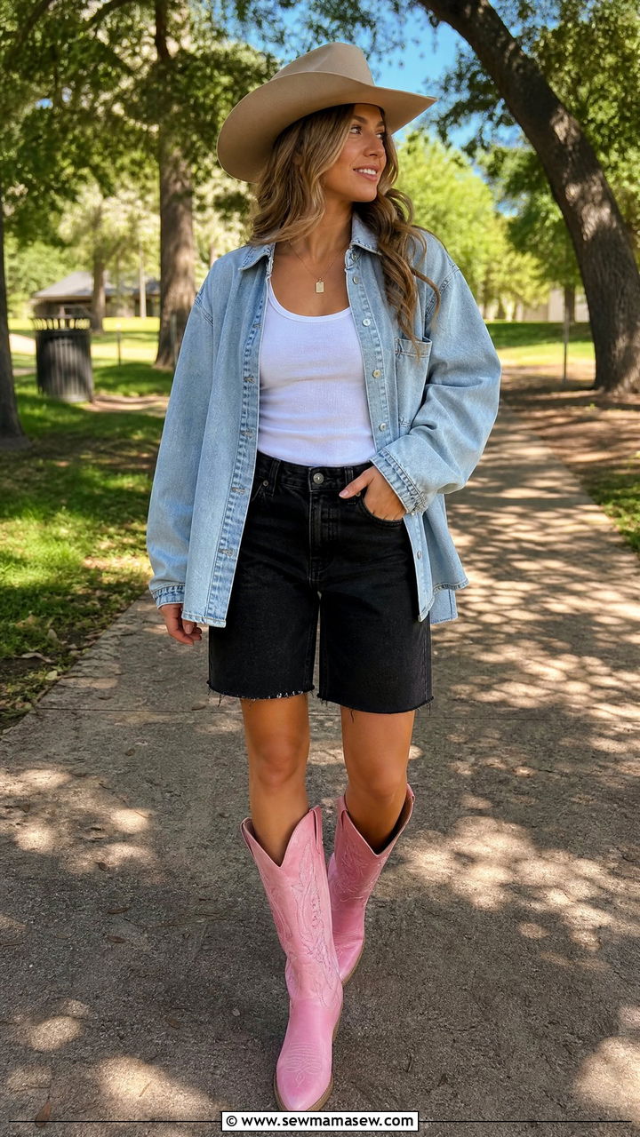 Oversized denim shirt and pink cowboy boots - 20 Western outfit ideas Kelsea Ballerini style