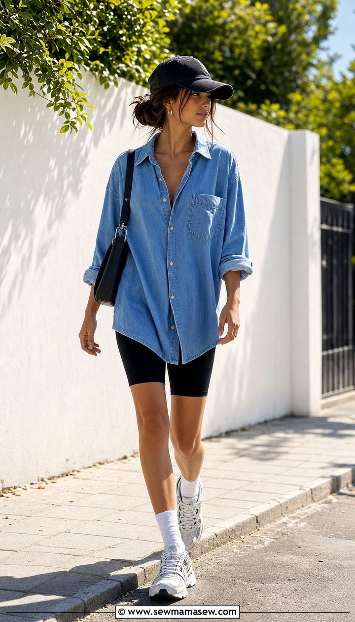 Oversized denim shirt dress with biker shorts - 25 Denim shirt outfit ideas 2026