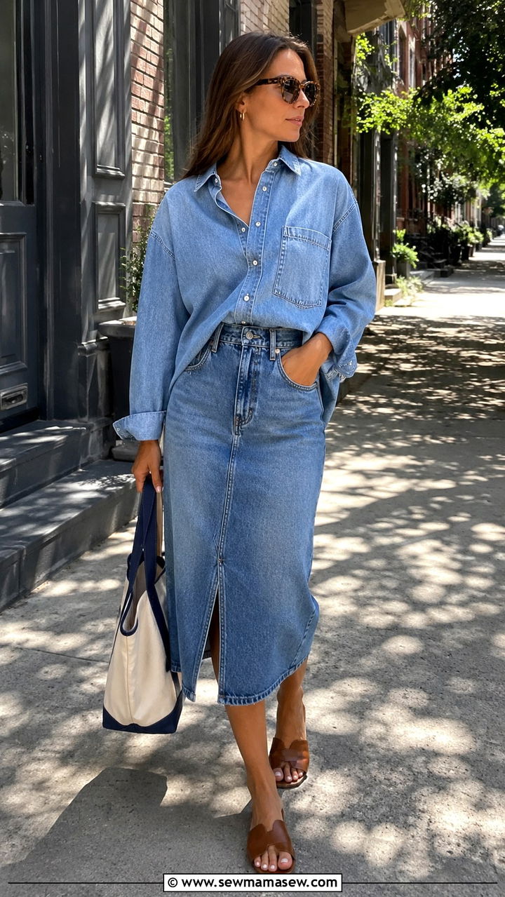 Oversized denim shirt with denim midi skirt outfit - 30 Denim skirt and denim top outfit ideas