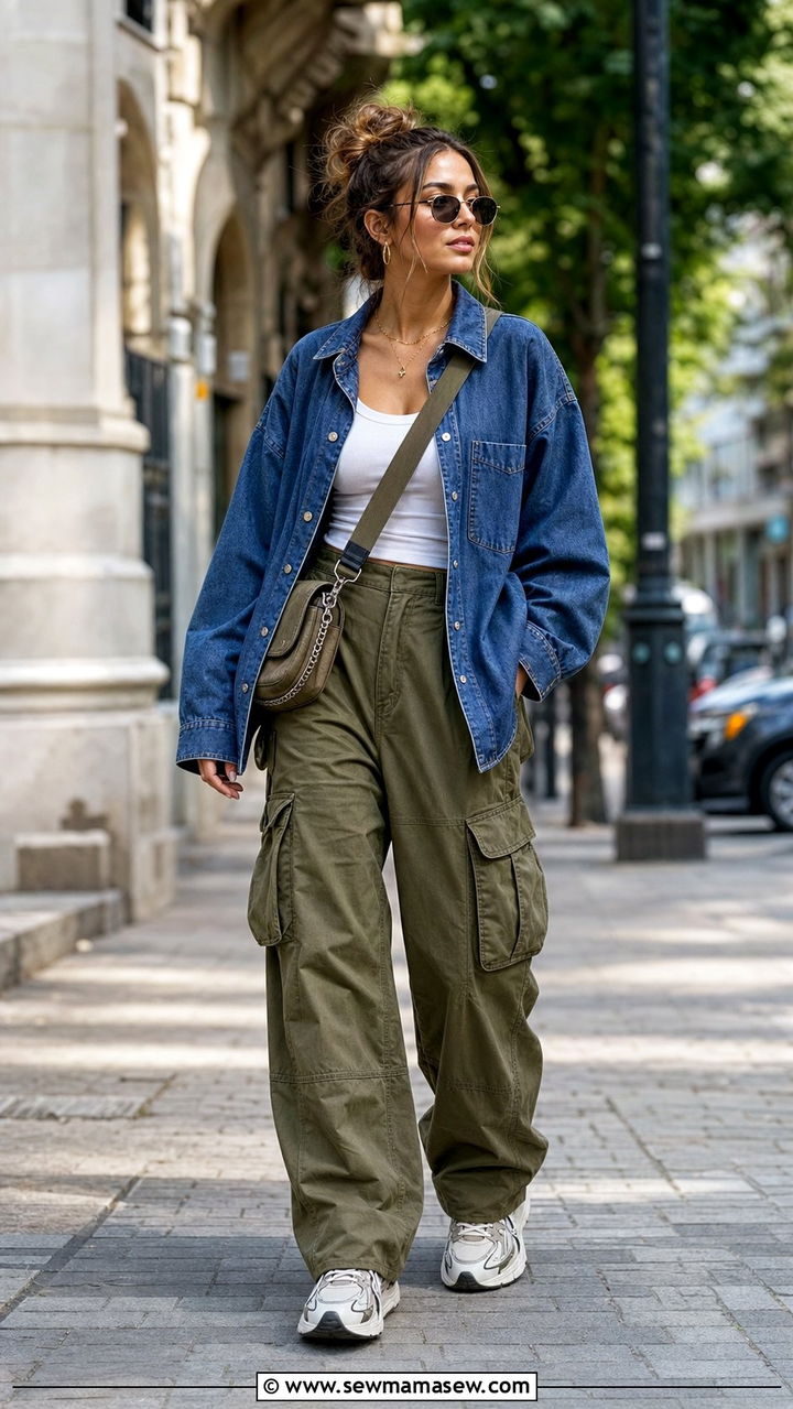 Oversized denim shirt with utility cargo pants - 25 Denim shirt outfit ideas 2026