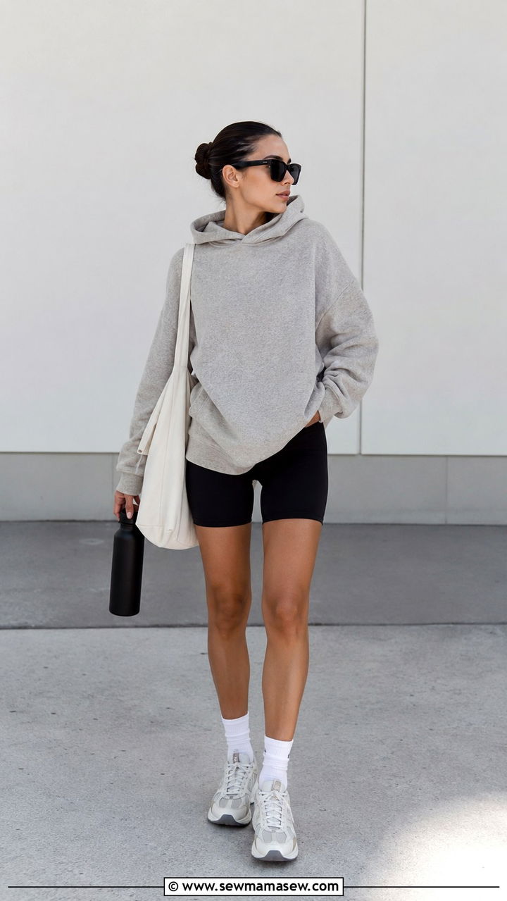Oversized dove grey hoodie and biker shorts - 25 Pilates girl outfit ideas