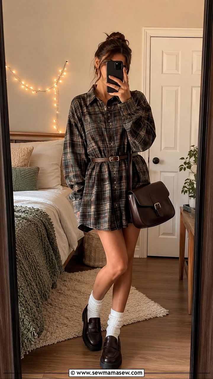 Oversized flannel shirt dress with chunky loafers - 30 Indie girl outfit ideas