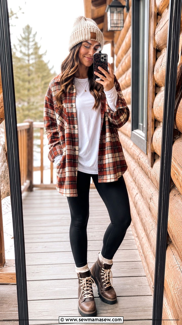 Oversized flannel shirt layered over leggings - 25 Modest outfit ideas for mountain trip