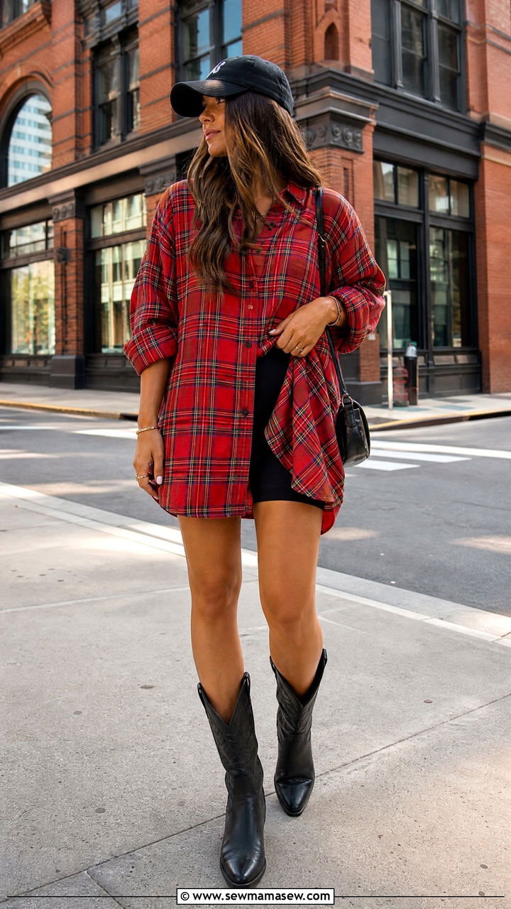 Oversized flannel with bike shorts and cowboy boots - 35 How to style a flannel shirt