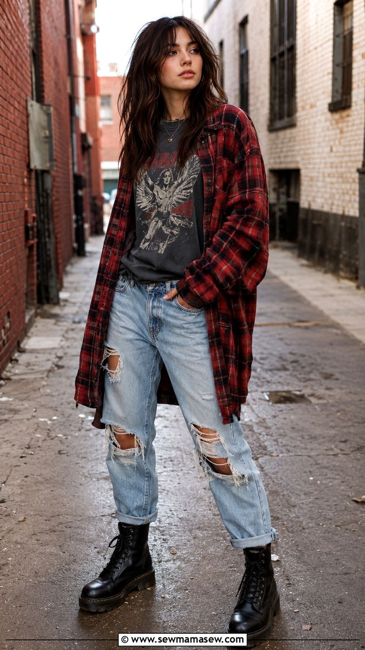 Oversized flannel with ripped jeans and combat boots - 30 grunge outfits to copy