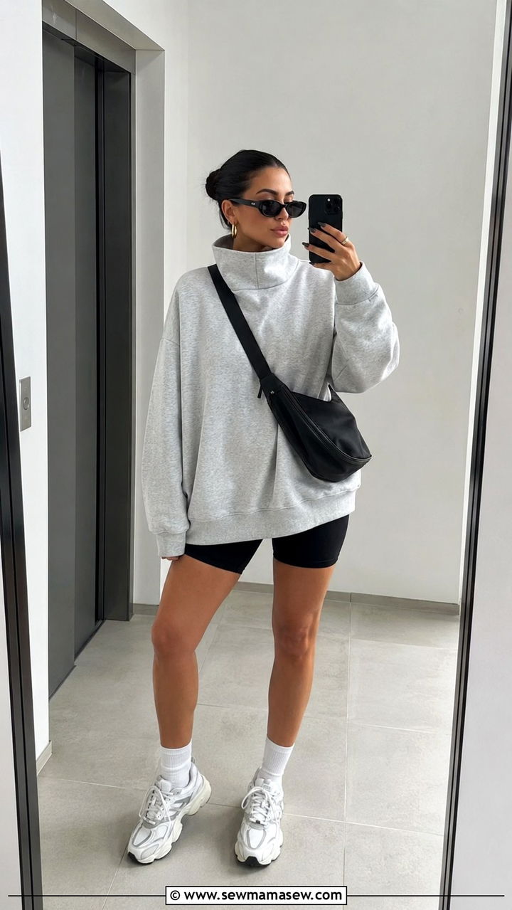 Oversized funnel neck sweatshirt with biker shorts - 20 Glamoratti outfit ideas funnel neck