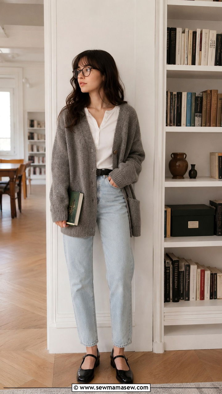 Oversized grandpa cardigan with mom jeans and Mary Janes - 30 Mom jeans outfit ideas with a cardigan