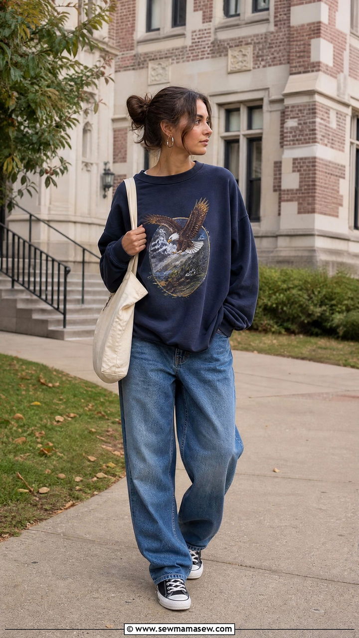 Oversized graphic sweatshirt with baggy jeans and Converse - 25 How to style baggy jeans