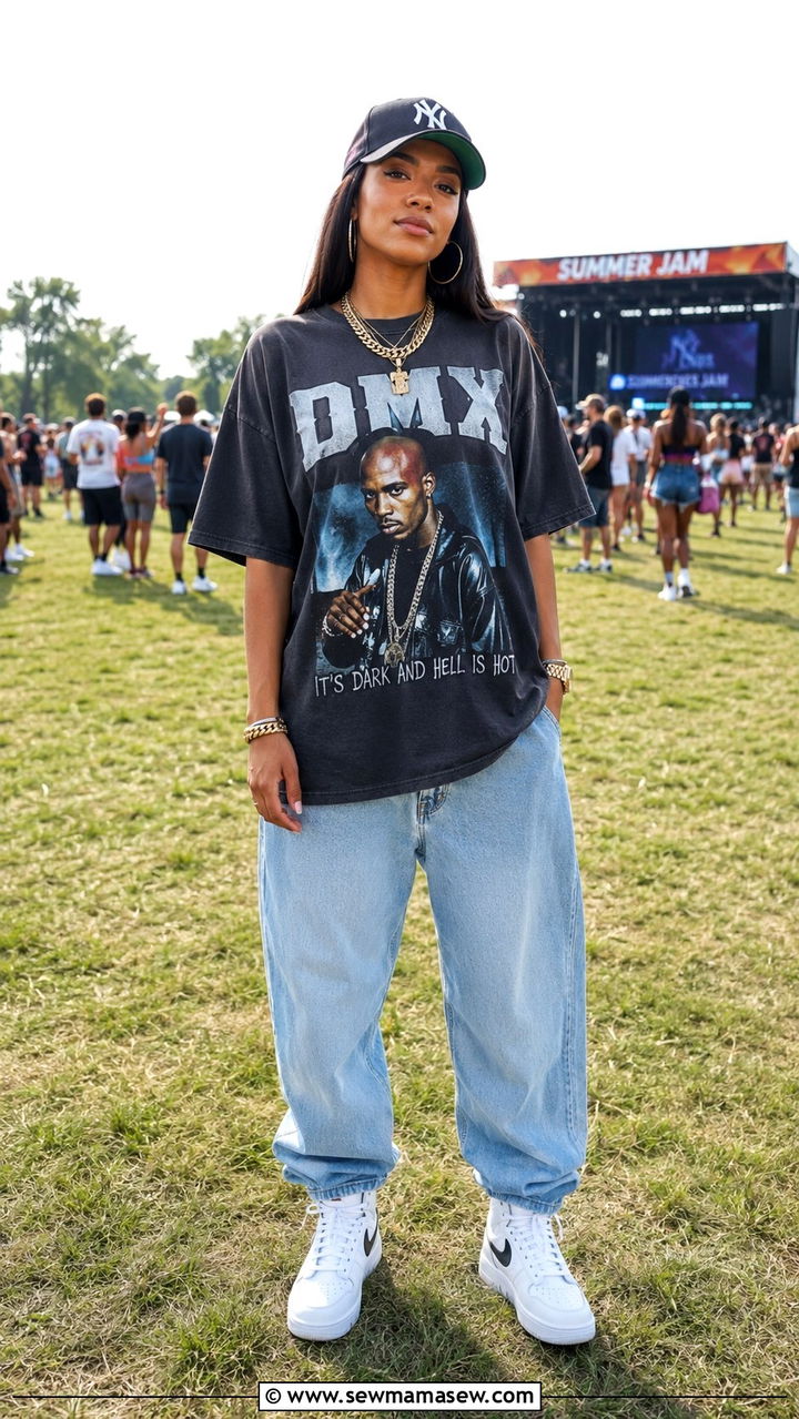 Oversized graphic tee and baggy jeans - 25 Rock The Bells outfit ideas