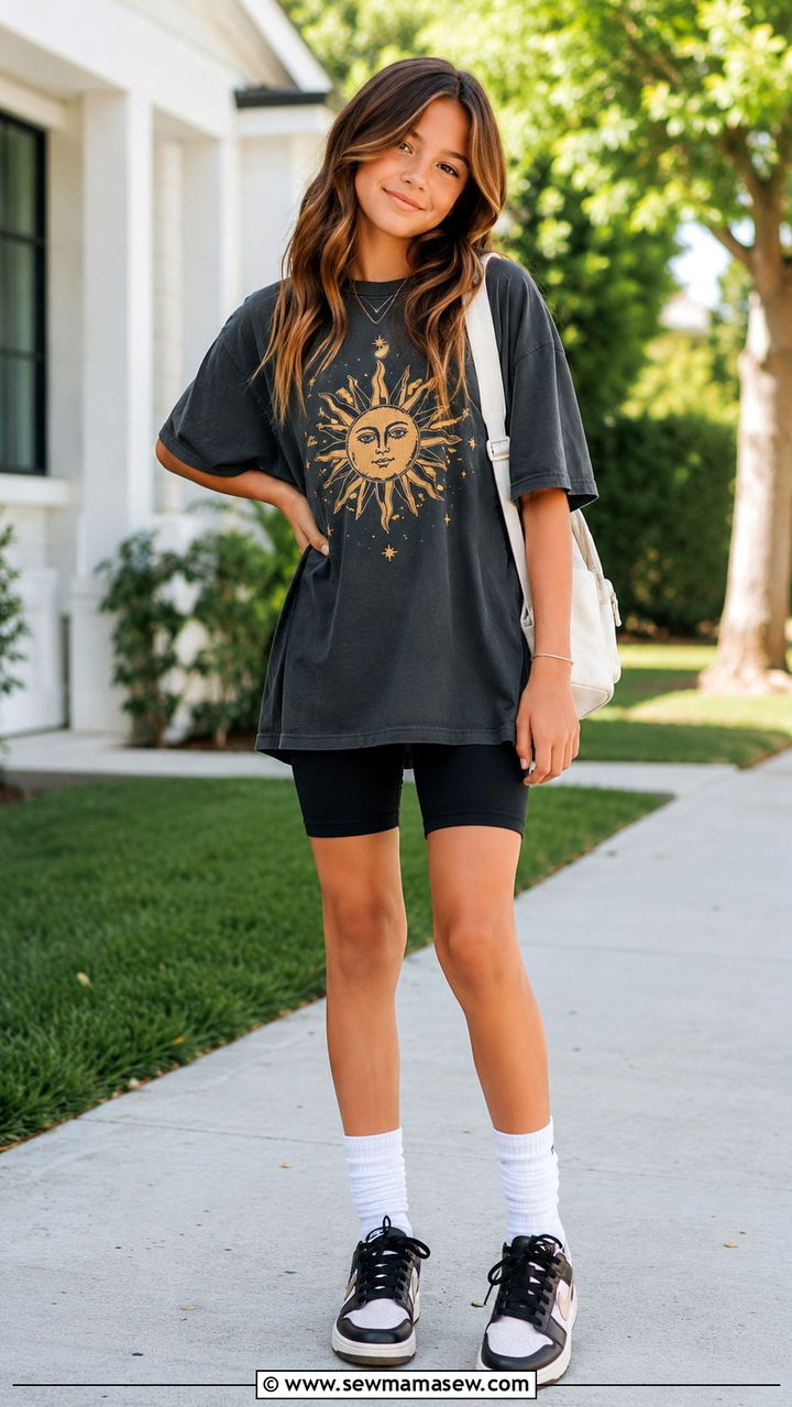 Oversized graphic tee and bike shorts outfit - 30 Kids back to school outfit ideas