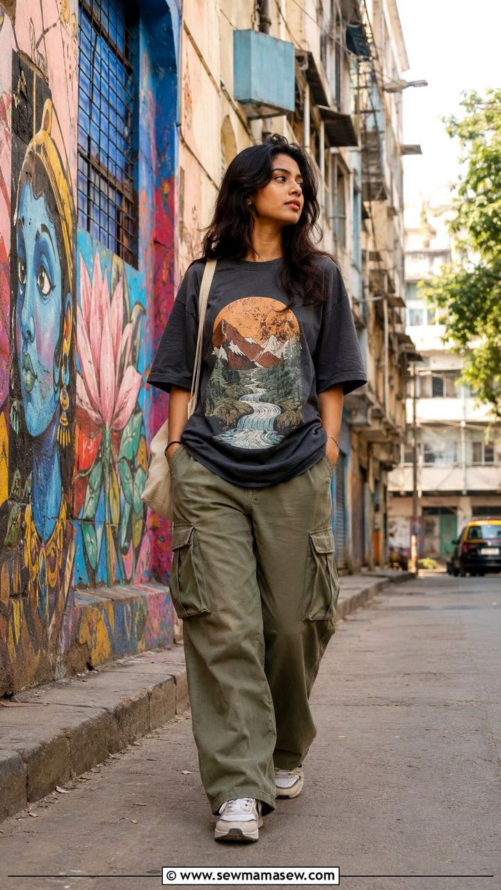 Oversized graphic tee and cargo pants outfit Mumbai - 25 Mumbai outfit ideas