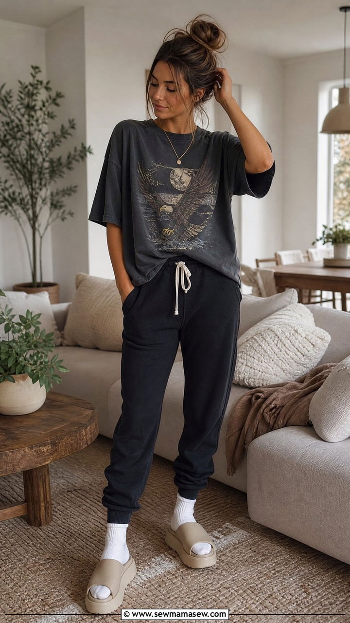 Oversized graphic tee and joggers - 30 Cozy at home outfit ideas