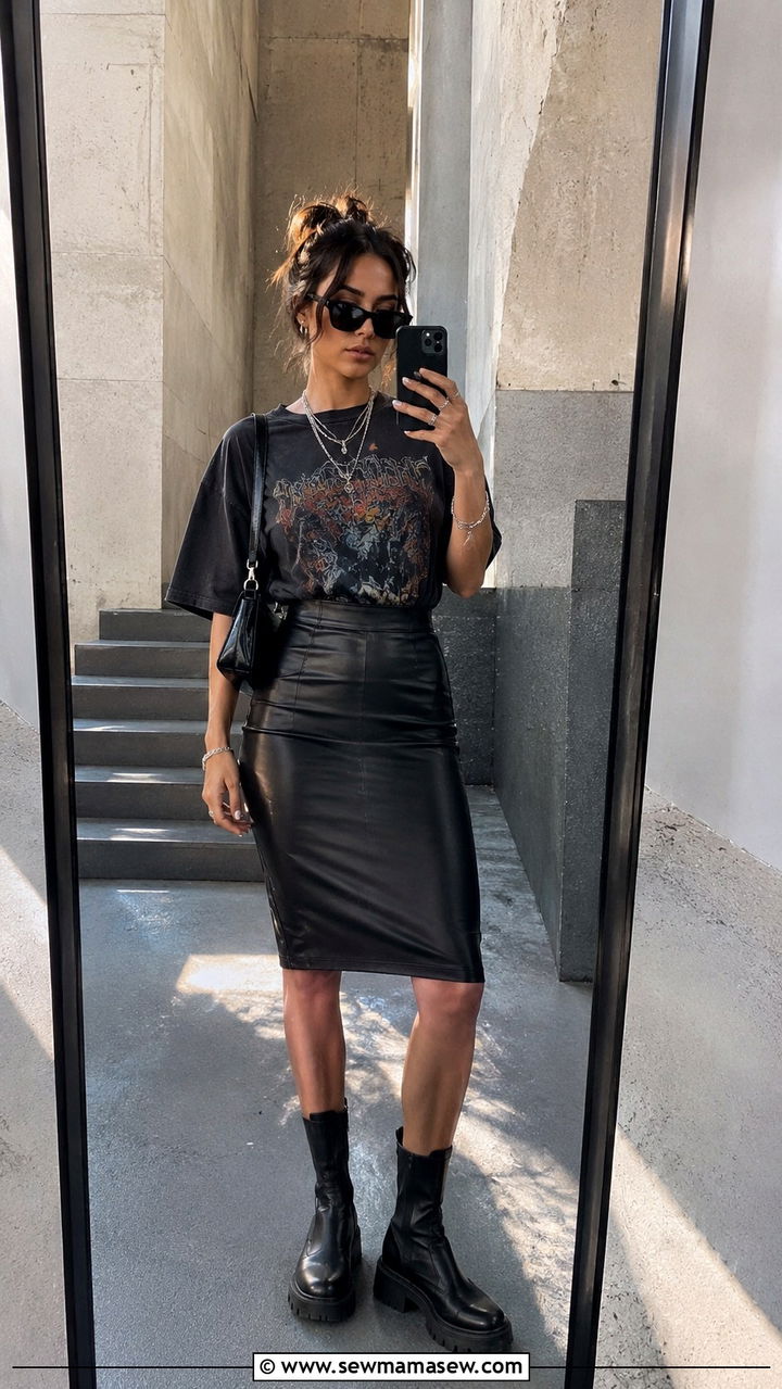 Oversized graphic tee and leather pencil skirt with chunky boots - 30 Pencil skirt outfit ideas with boots