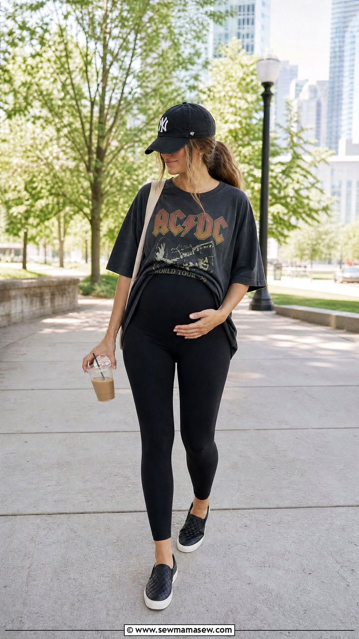 Oversized graphic tee and maternity leggings with slip on sneakers - 30 summer outfits for postpartum women