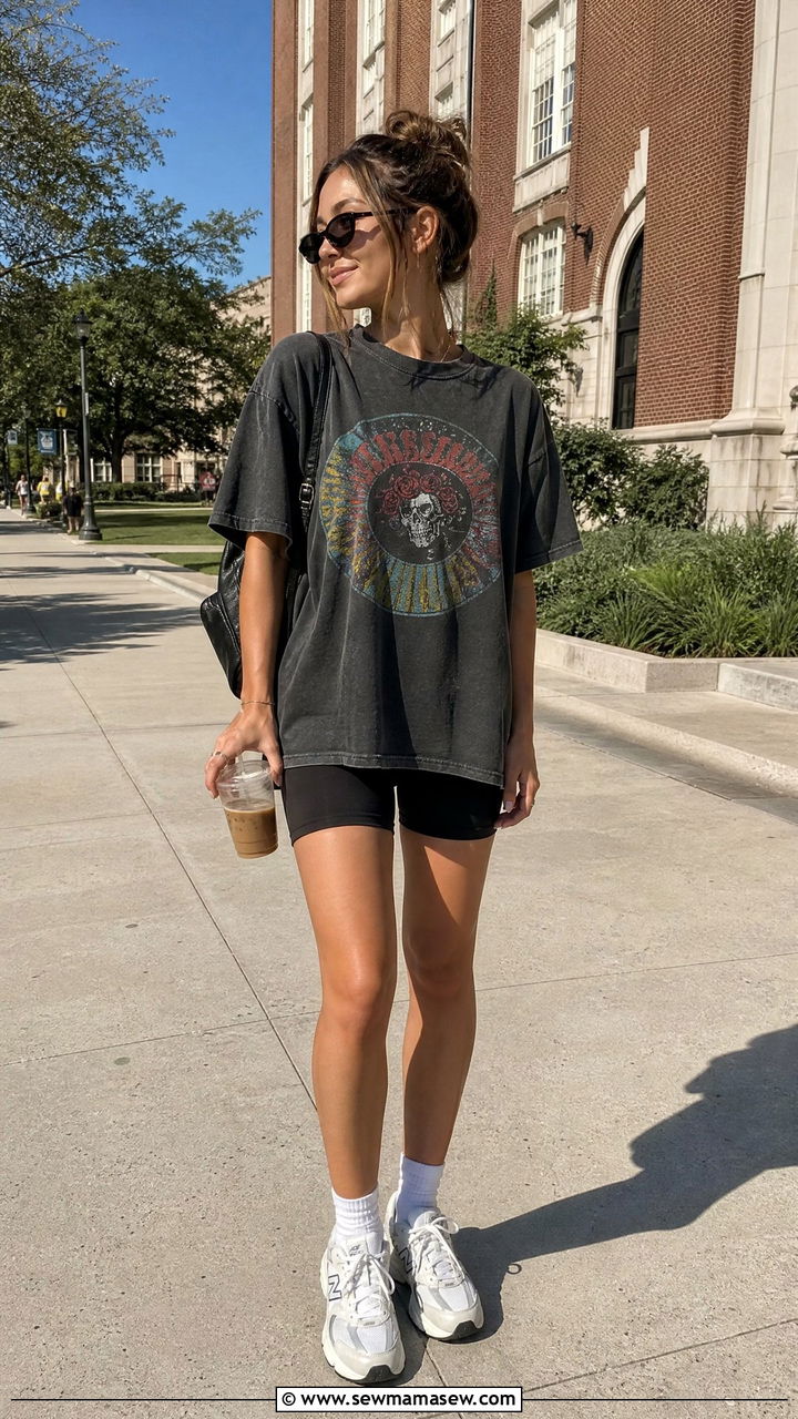 Oversized graphic tee with bike shorts outfit - 30 Summer capsule wardrobe for college