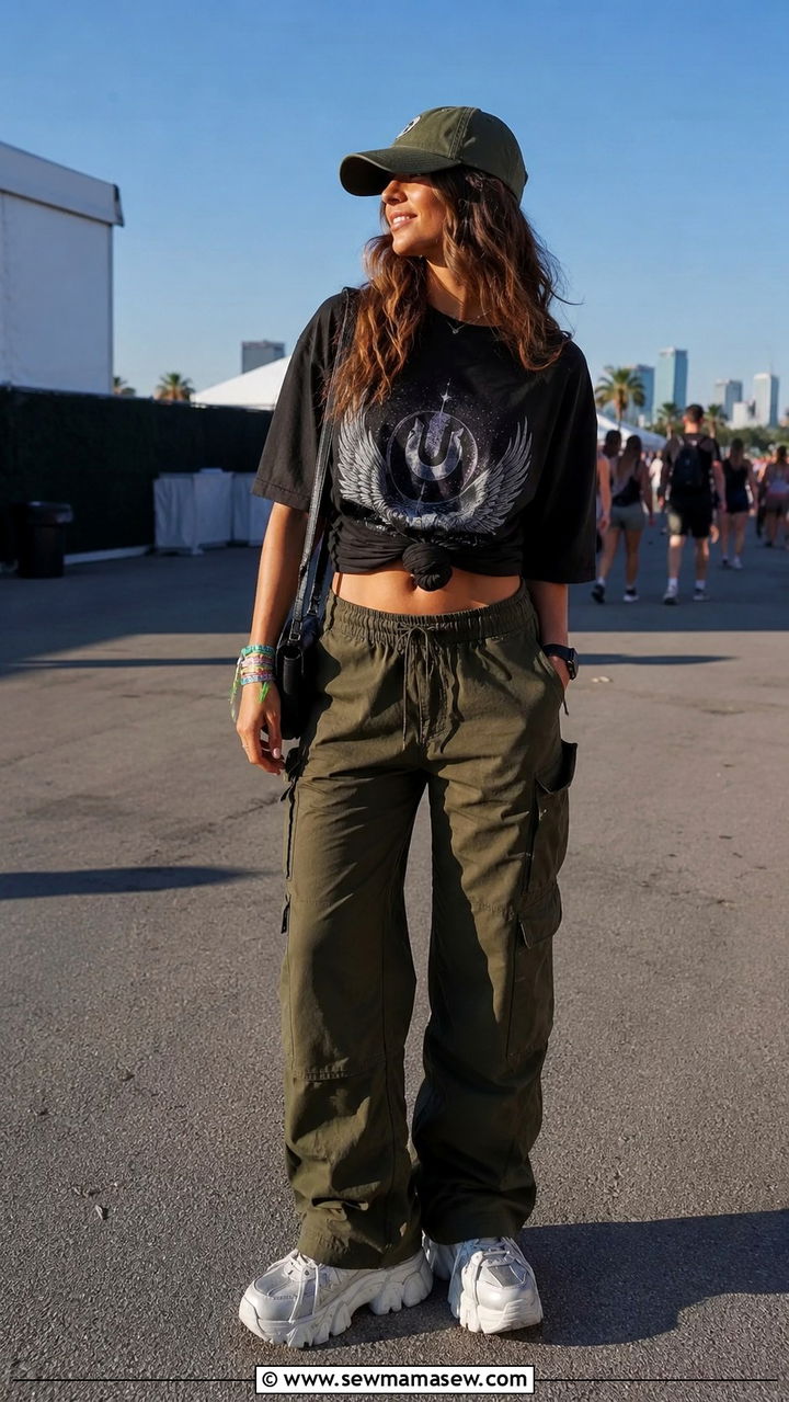 Oversized graphic tee with cargo pants and chunky sneakers - 25 Ultra Music Festival outfit ideas