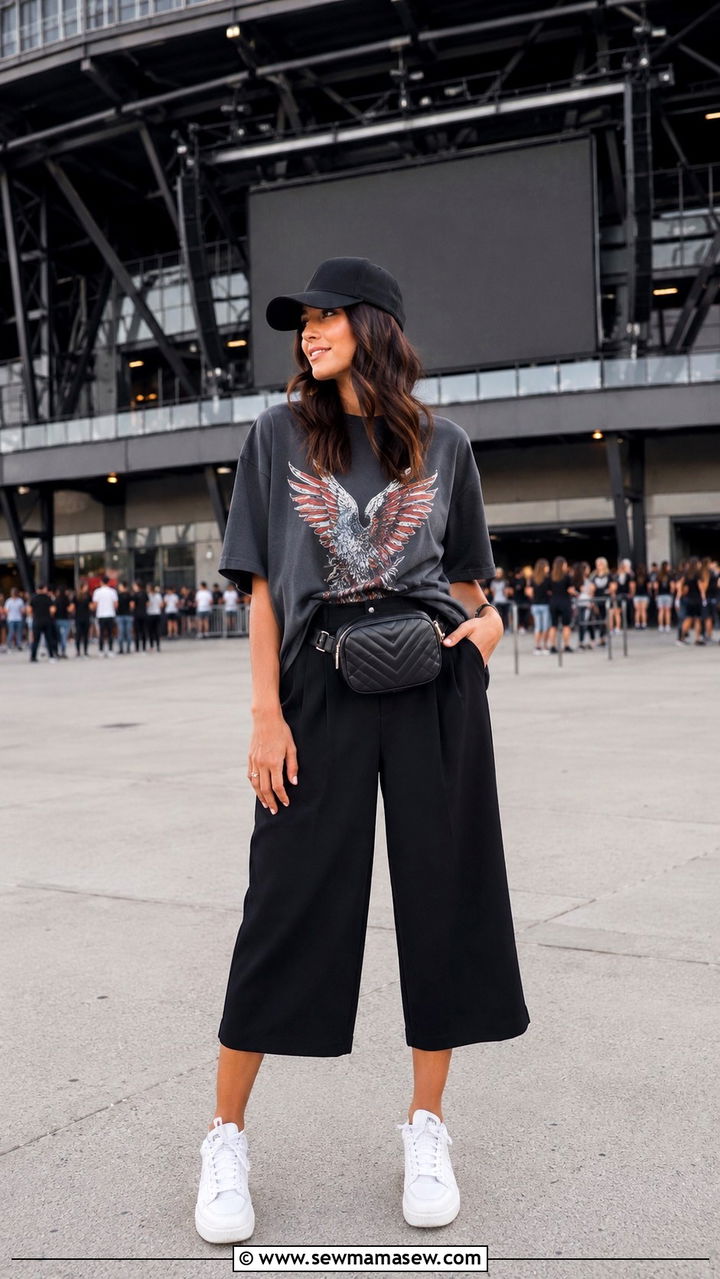 Oversized graphic tee with culottes and white sneakers - 30 modest summer concert outfit ideas