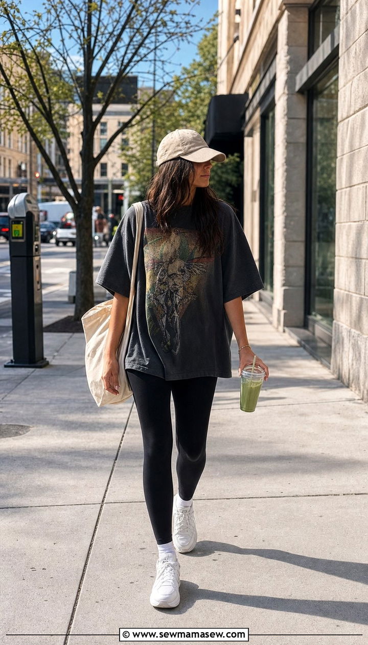 Oversized graphic tee with leggings and baseball cap - 25 spring outfits for postpartum moms
