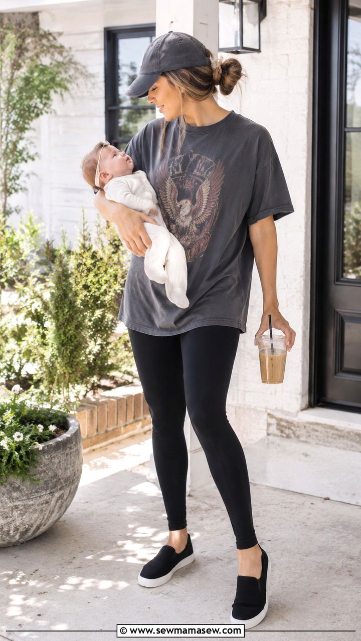 Oversized graphic tee with leggings postpartum look - 25 outfit ideas for postpartum women