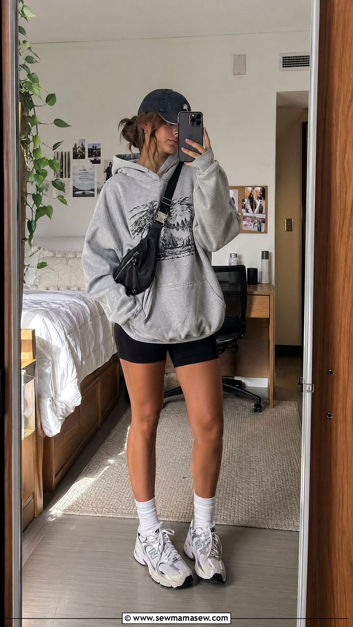Oversized hoodie and biker shorts college look - 35 First day of college outfit ideas