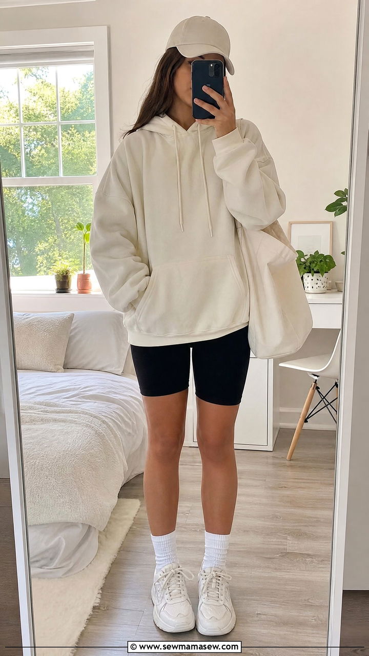 Oversized hoodie and biker shorts outfit - 40 school outfits ideas
