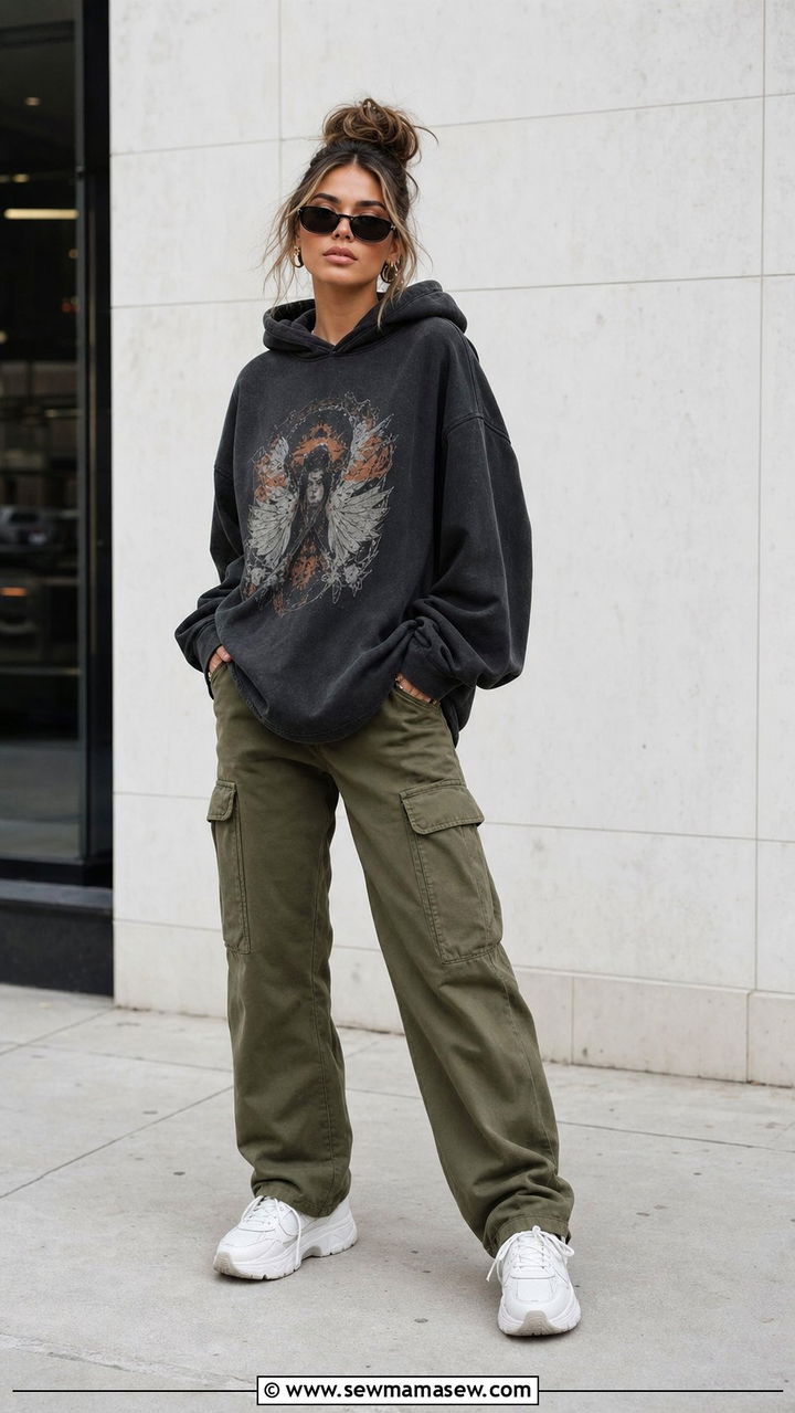 Oversized hoodie and cargo pants outfit - 25 streetwear outfits aesthetic