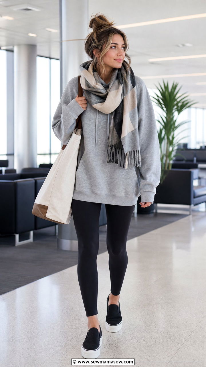 Oversized hoodie and leggings spring travel outfit - 25 Spring packing list outfits