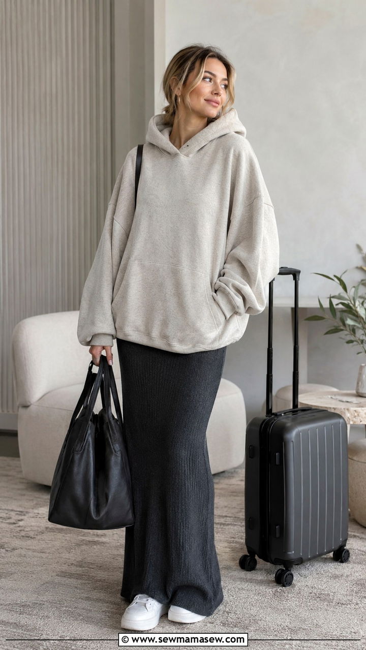 Oversized hoodie over a knit maxi dress with sneakers - 30 Hoodie outfit ideas for women 2026