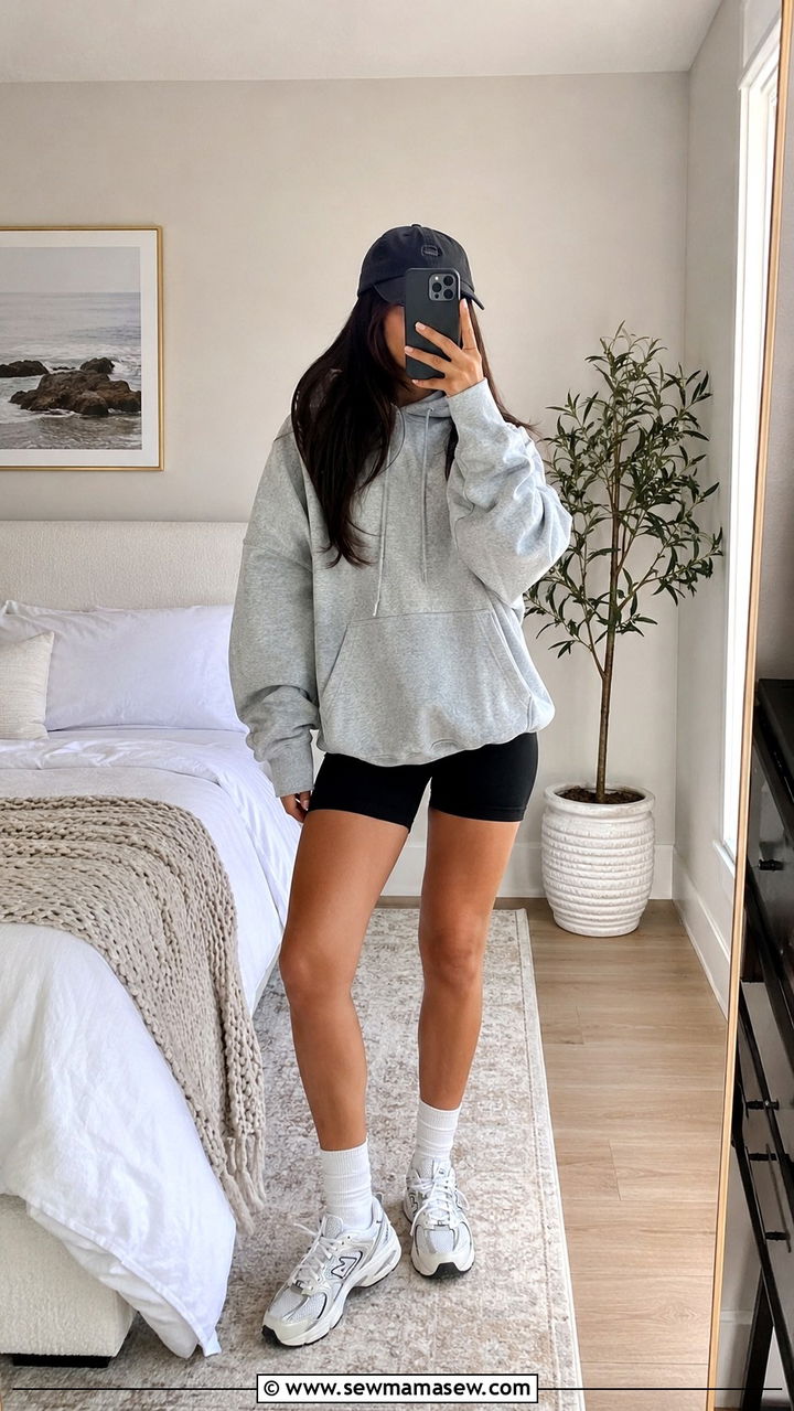 Oversized hoodie with bike shorts - 30 Loungewear outfit ideas for weekend