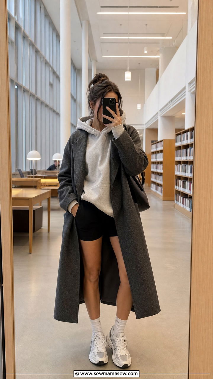 Oversized hoodie with biker shorts and a long wool coat - 30 College library outfit ideas