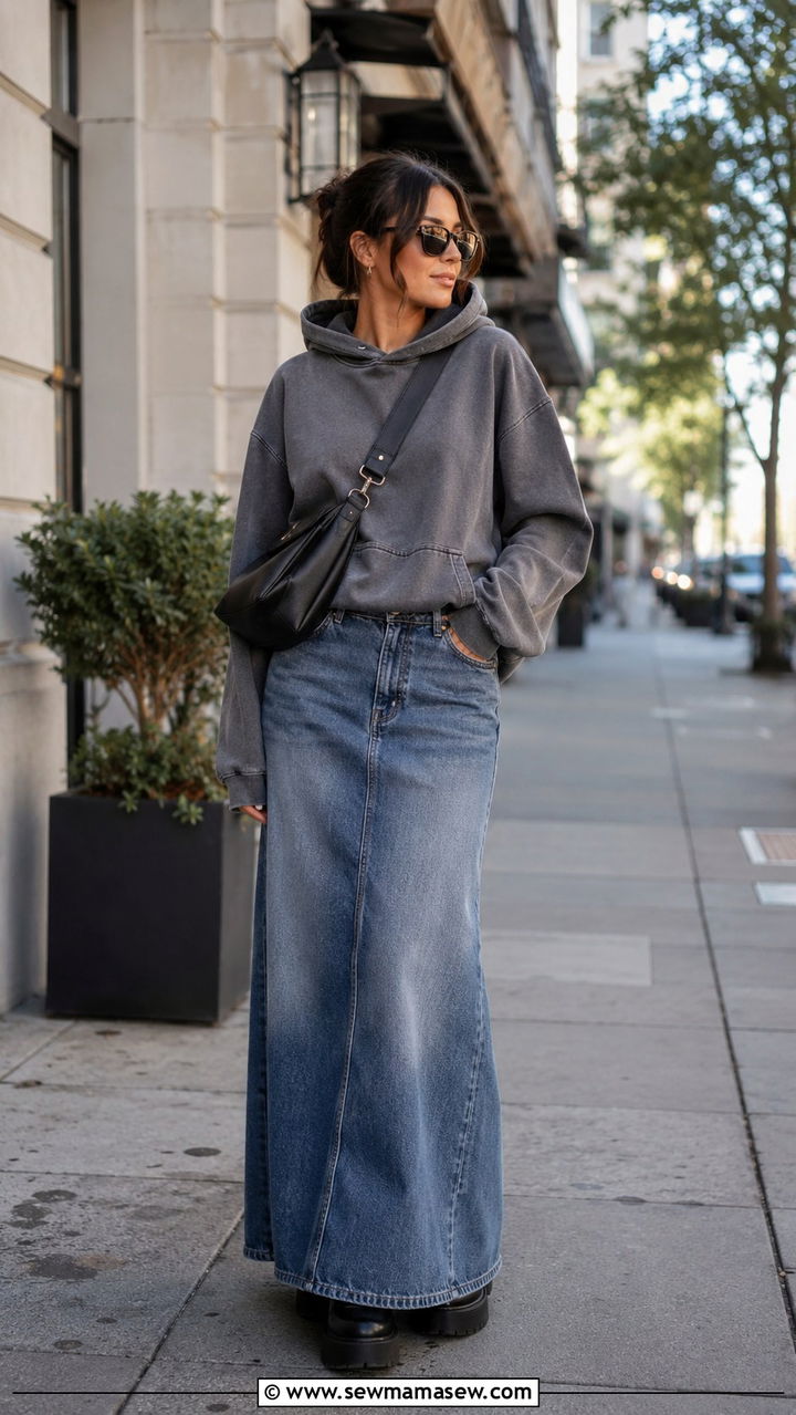 Oversized hoodie with denim maxi skirt - 30 Spring outfits with sweatshirt