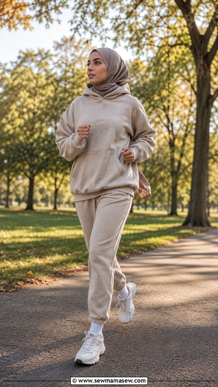 Oversized hoodie with jogger pants and pashmina style sports scarf - 25 Modest running outfit ideas with hijab