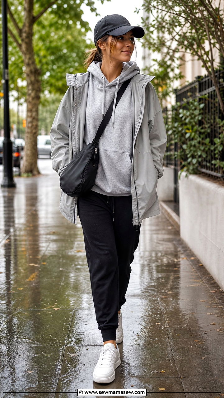 Oversized hoodie with joggers and white sneakers - 30 Cozy rainy day outfit ideas