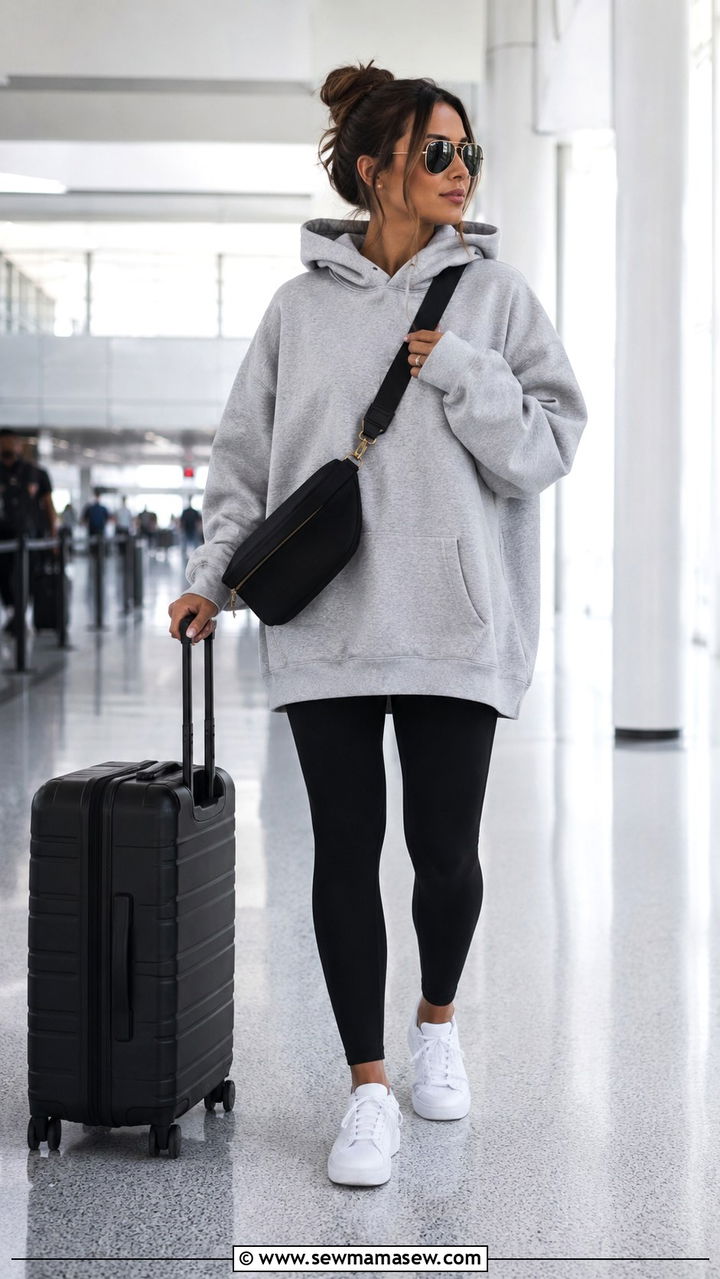 Oversized hoodie with leggings and white sneakers - 30 Loungewear outfit ideas for airport