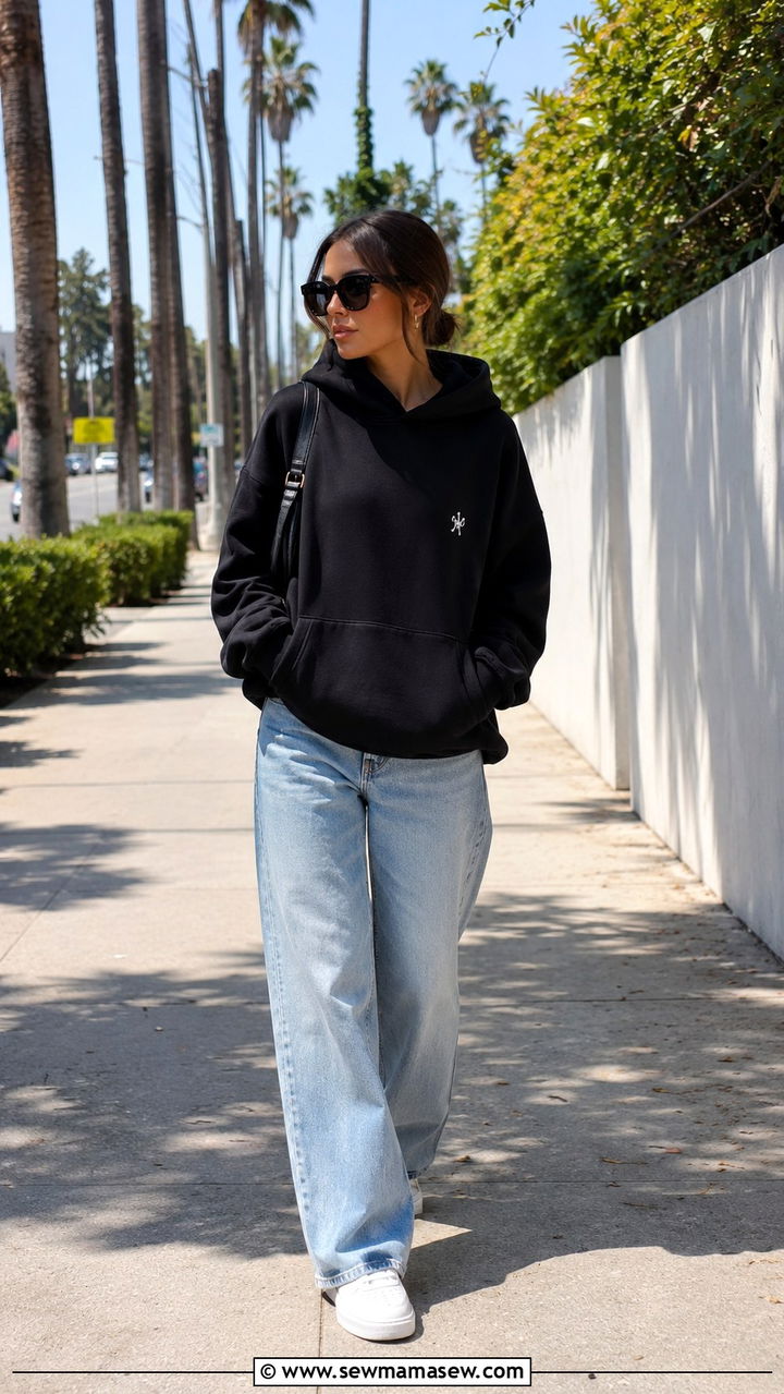 Oversized hoodie with light wash jeans and YSL sunglasses - 25 Rihanna summer outfit ideas