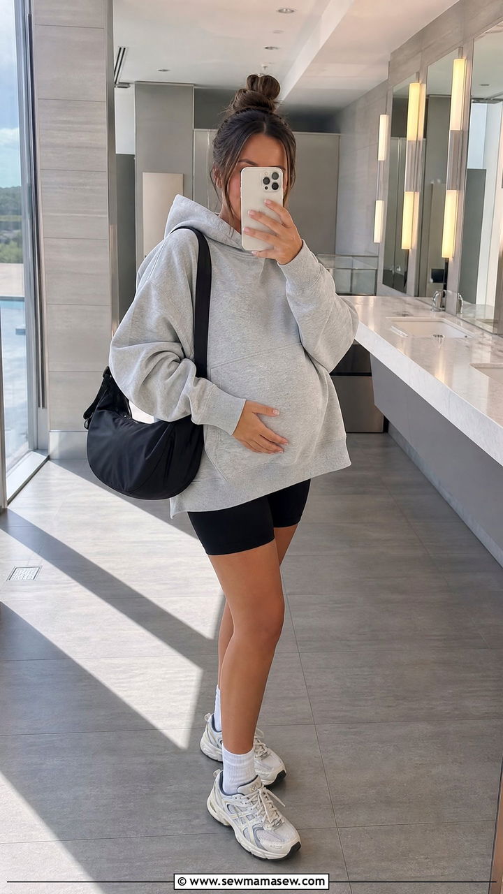 Oversized hoodie with maternity bike shorts and chunky sneakers - 25 Maternity outfit ideas for airport