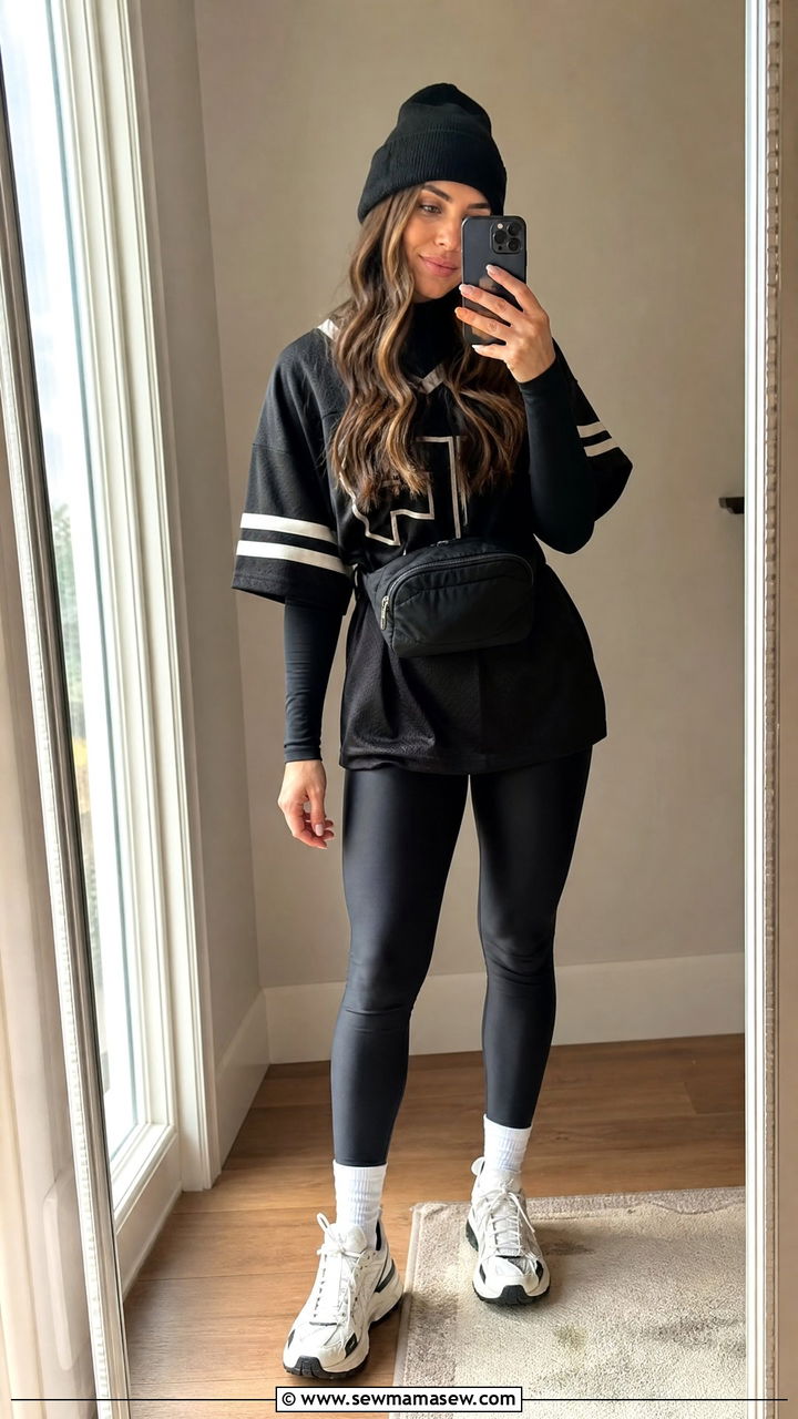 Oversized jersey with thermal top and leggings - 25 Football game outfit ideas cold
