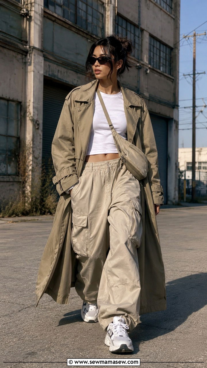 Oversized khaki trench coat with cargo pants and sneakers - 30 Khaki trench coat outfit ideas with sneakers