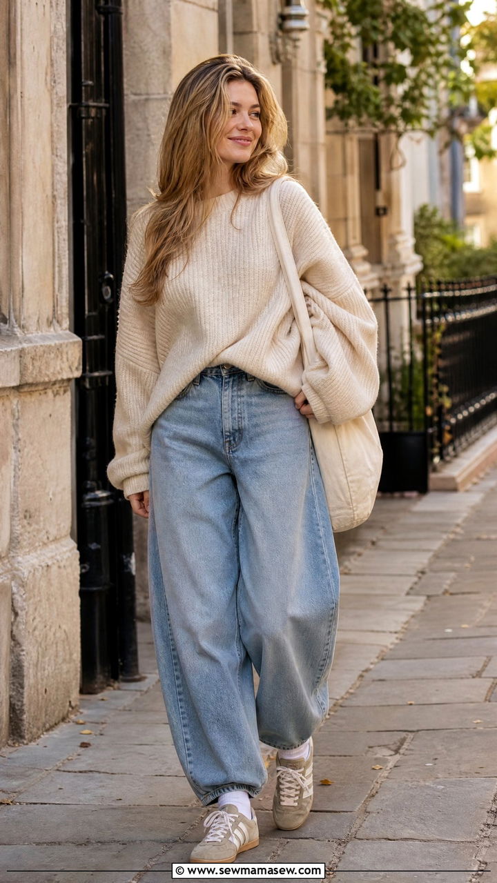 Oversized knit and retro trainers with balloon jeans - 25 how to style balloon pants outfits