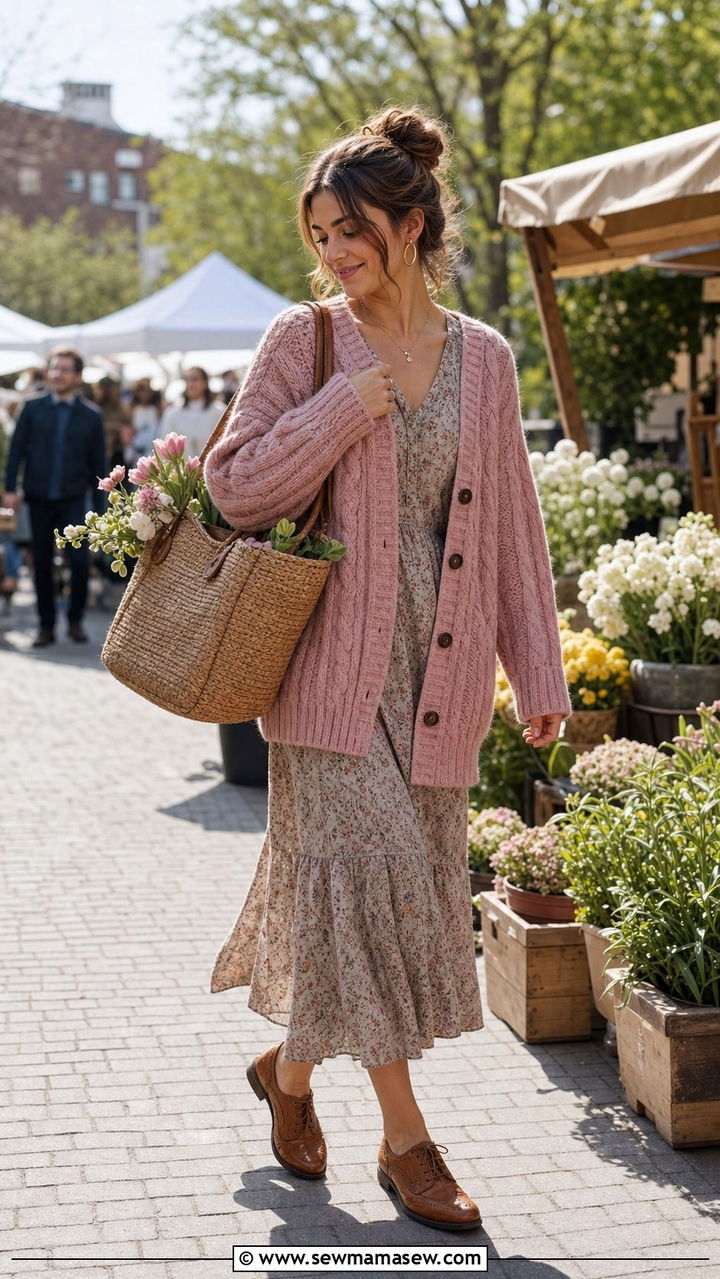 Oversized knit cardigan and floral midi dress with brogues outfit - 25 spring light academia outfits