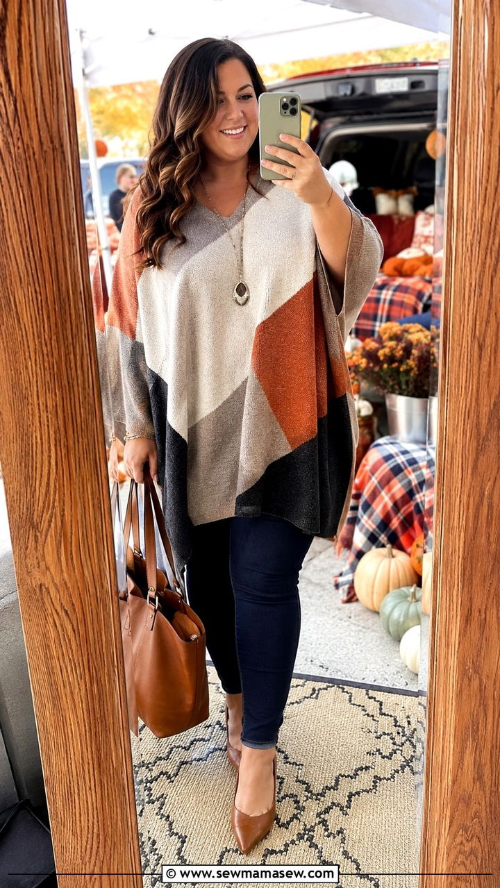 Oversized knit poncho with skinny jeans and flats outfit - 30 Plus size tailgate outfit ideas