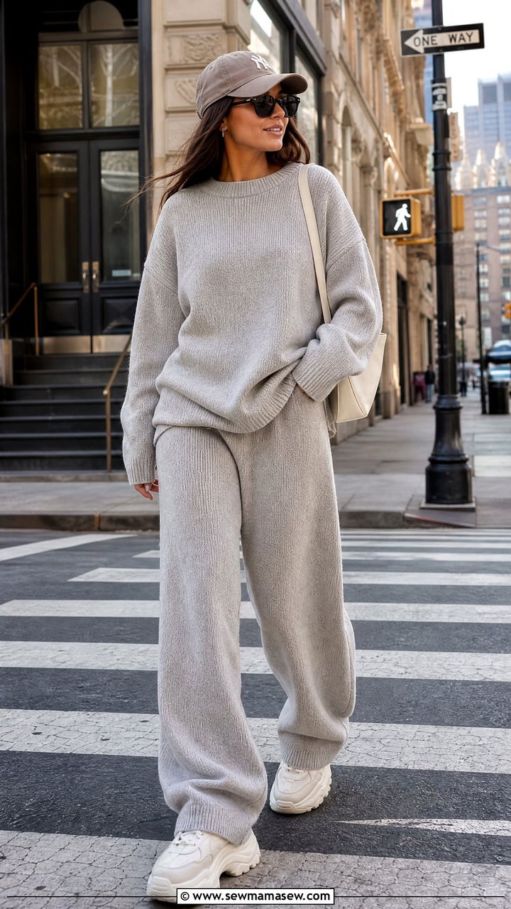 Oversized knit set with chunky sneakers - 25 Knit matching set outfit ideas