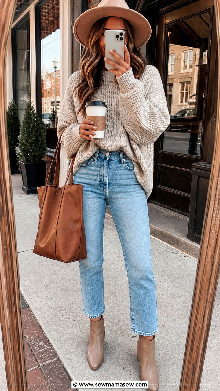 Oversized knit sweater and high waisted jeans with booties - 40 What to wear in Nashville