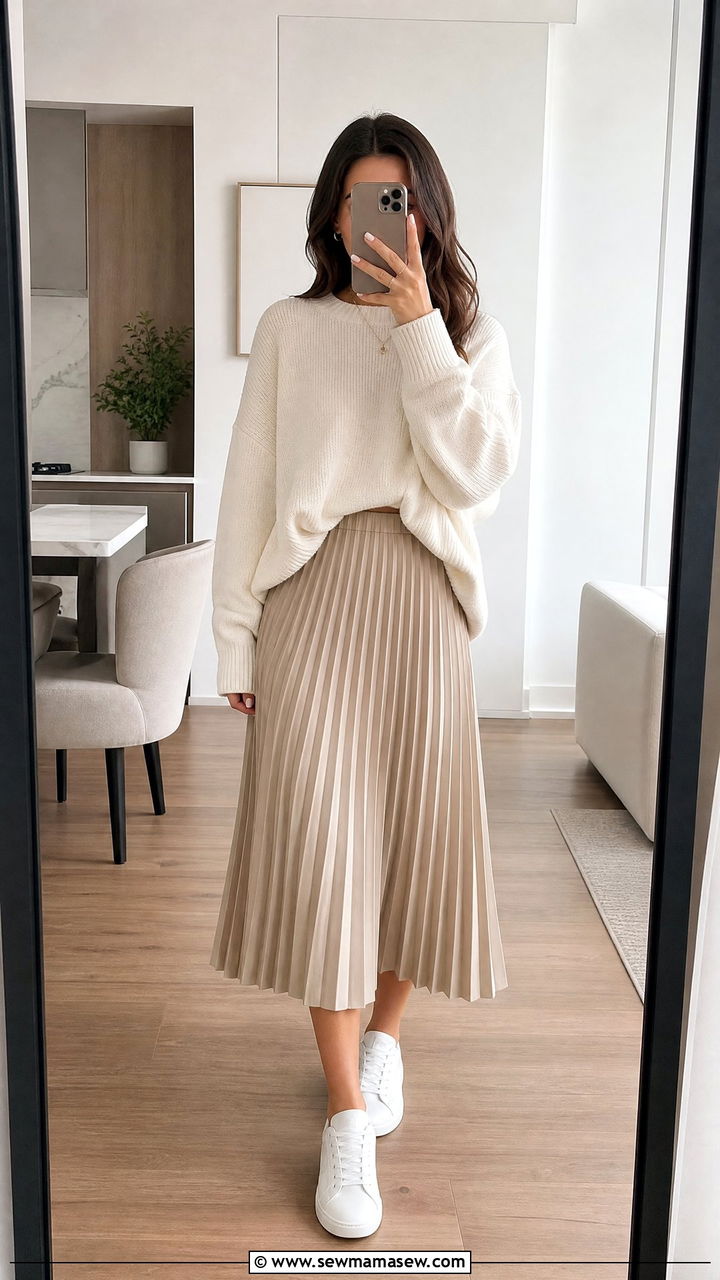 Oversized knit sweater and pleated skirt outfit - 25 French girl outfit ideas for travel