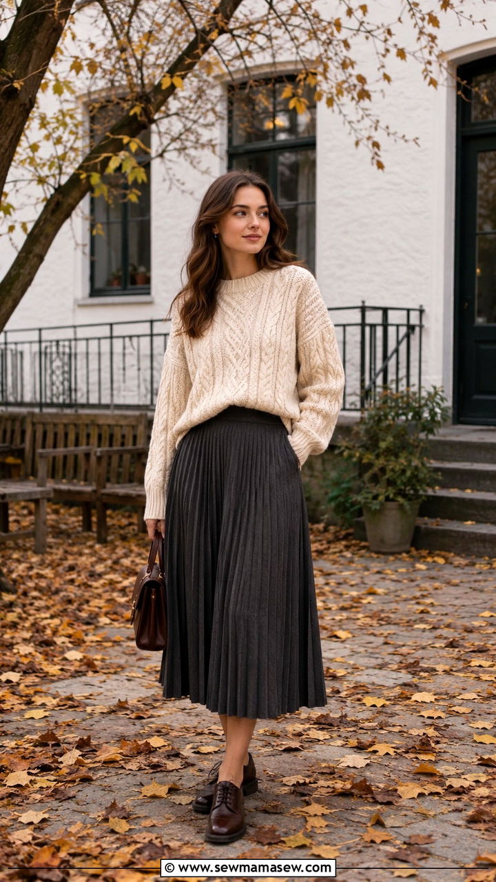 Oversized knit sweater and pleated skirt outfit - 20 casual librarian core outfits