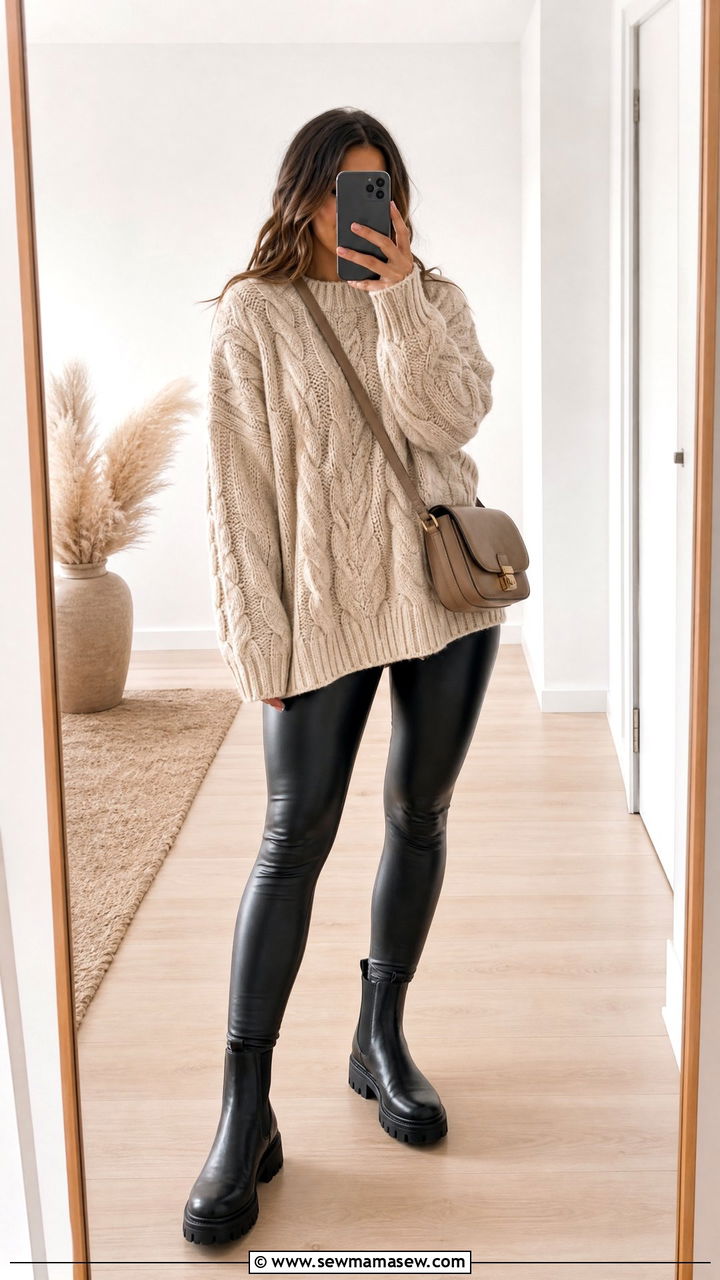 Oversized knit sweater with faux leather leggings - 25 Foggy day outfit ideas